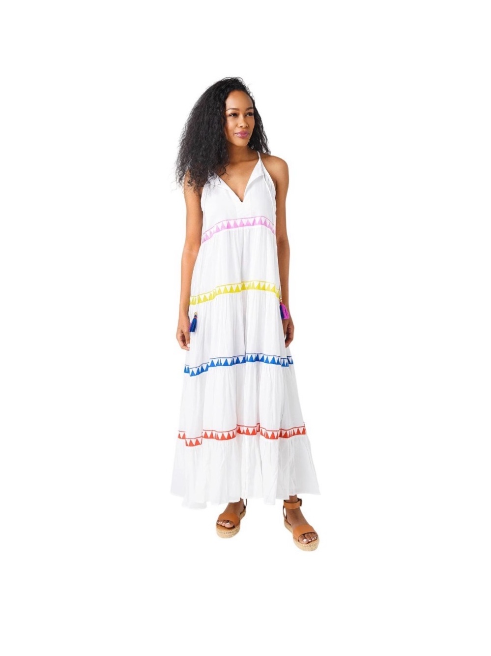 NWT- Oliphant White Tiered Maxi Dress with Multicolor Trim